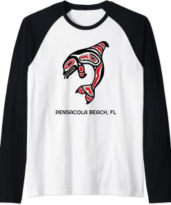 Pensacola Beach FL Native American Indian Orca Killer Whales Raglan Baseball Tee