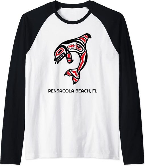 Pensacola Beach FL Native American Indian Orca Killer Whales Raglan Baseball Tee