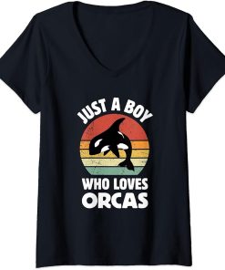 Womens Cute Just A Boy Who Loves Orcas Sea Animal Orca Lover V-Neck T-Shirt