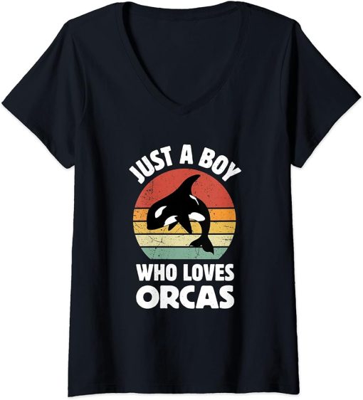 Womens Cute Just A Boy Who Loves Orcas Sea Animal Orca Lover V-Neck T-Shirt