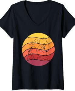 Womens Hand Drawn Kawaii Orca Killer Whale Yin Yang Retro Sunset V-Neck T-Shirt