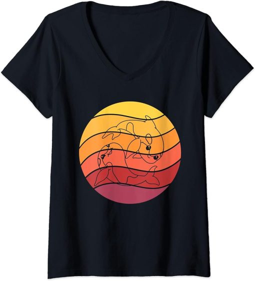 Womens Hand Drawn Kawaii Orca Killer Whale Yin Yang Retro Sunset V-Neck T-Shirt