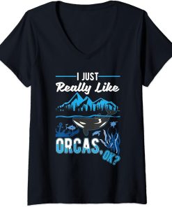 Womens I just really like Orcas V-Neck T-Shirt