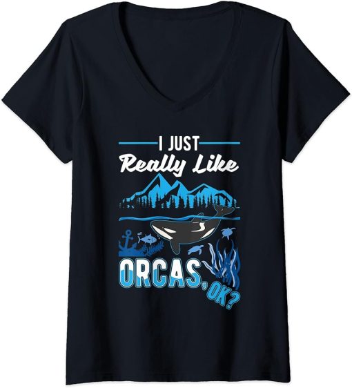 Womens I just really like Orcas V-Neck T-Shirt