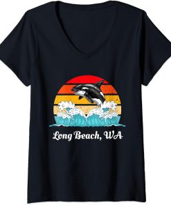 Womens Vintage Long Beach WA Distressed Orca Killer Whale Art V-Neck T-Shirt