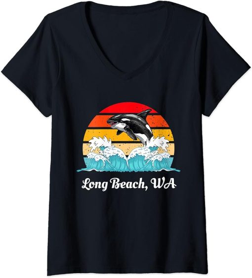 Womens Vintage Long Beach WA Distressed Orca Killer Whale Art V-Neck T-Shirt