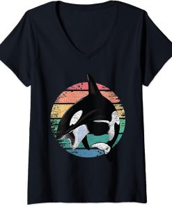 Womens Orca whale vintage retro killer whale art design V-Neck T-Shirt