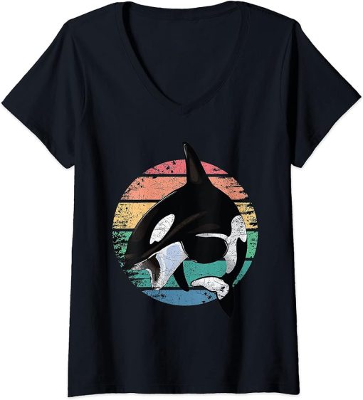 Womens Orca whale vintage retro killer whale art design V-Neck T-Shirt