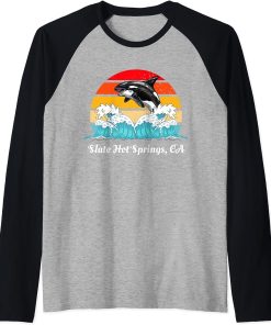 Vintage Slate Hot Springs CA Distressed Orca Killer Whale Raglan Baseball Tee