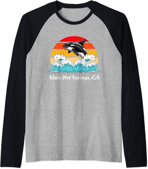 Vintage Slate Hot Springs CA Distressed Orca Killer Whale Raglan Baseball Tee